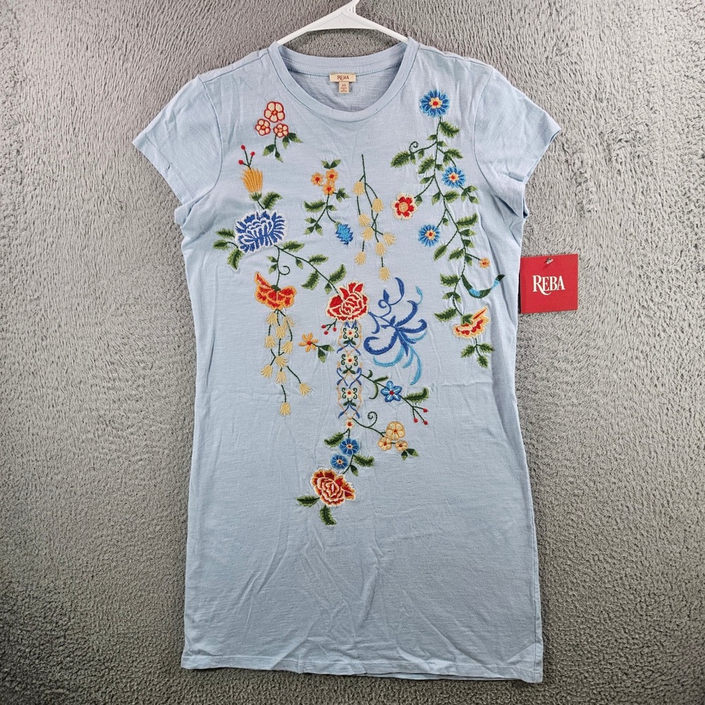 Reba Women Light Blue Floral Embroidered Cotton T-Shirt Mini Dress XS NEW